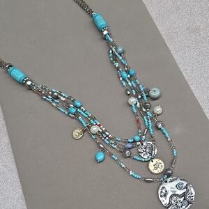 Boho Style Turquoise and Silver Multi-Strand Necklace Adjust 35 -38"